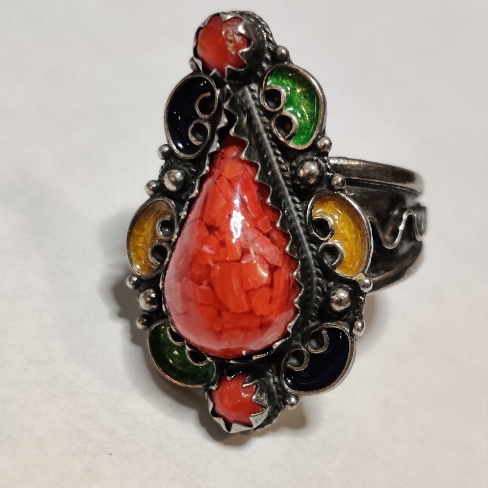 Vintage Berber Kabyle Silver Enamel Adjustable Ring